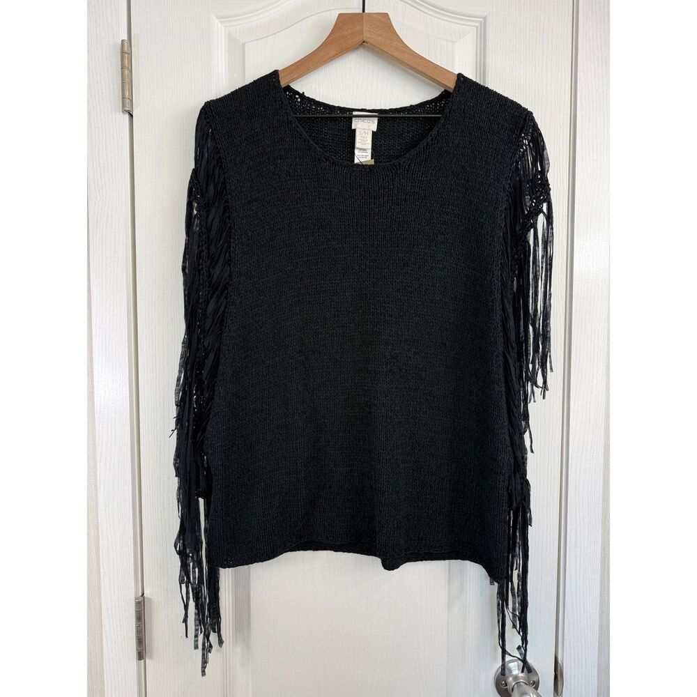 Chico's Tarrin Tape Yarn Fringe Poncho Black Women's S / M New With Tags